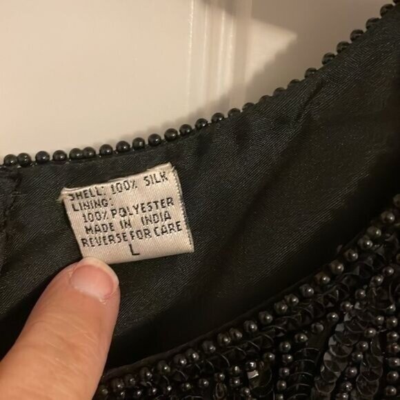 NWT Vtg. LAWRENCE KAZAR BLACK beaded handmade short sleeve SILK DRESS women’s  L - Picture 4 of 16